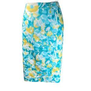 Talbots Floral Print Statement Pencil Skirt‎ Sz 10 Blue Yellow Stretch Cotton
